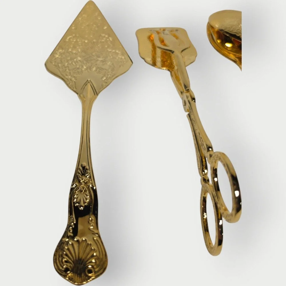 Vintage Gold Plated 3 Pc Serving Set Cake Knife Server Salad Sandwich NEW